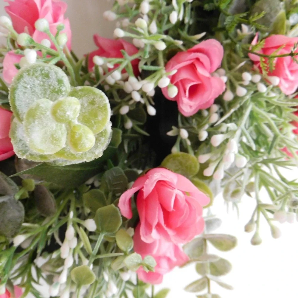 Dusty Miller Rosebud Spring Summer Wreath for Front Door Eucalyptus Pink Roses‎